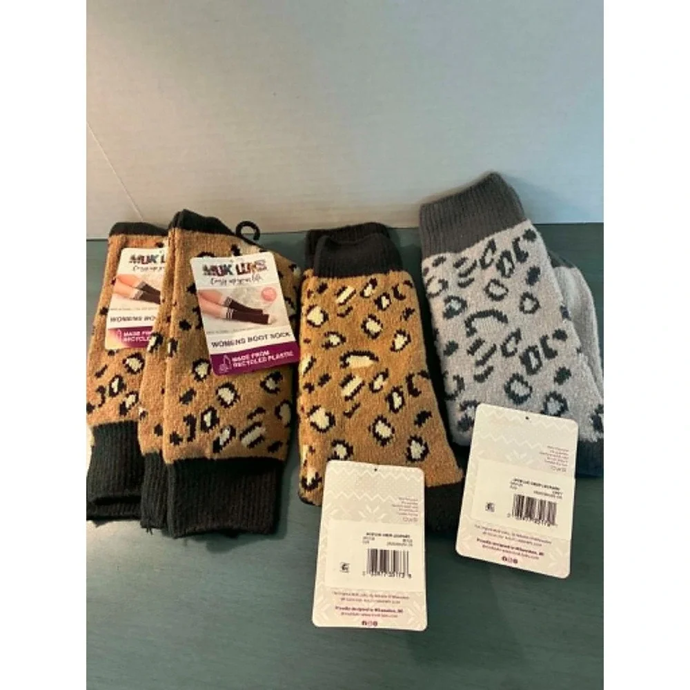 Muk Luks‎ Womens Boot Socks Leopard Print Super Soft Winter Crew Socks 4 Pair
